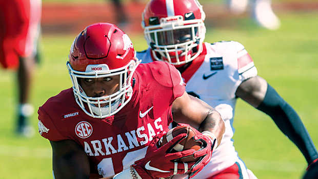 Arkansas wide receiver Treylon Burks breaks free against Georgia.